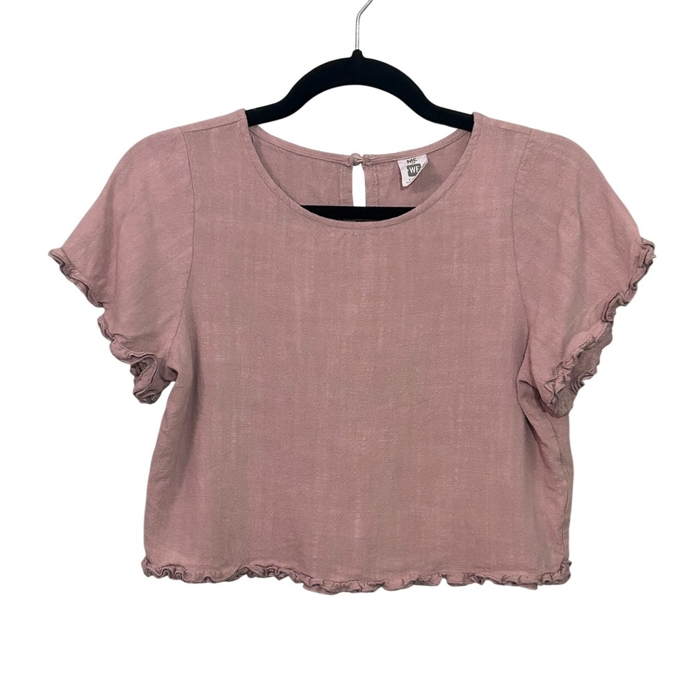 Me To We Mauve Ruffle Linen Crop Top Womens XS Rayon Linen Blend Short Sleeve - Picture 2 of 8